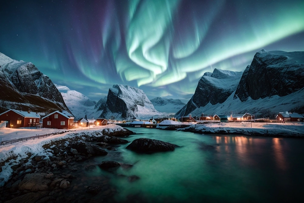 Polarlichter mit Stadt